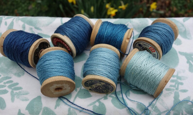 Silk Embroidery Thread Natural Dye on 7 Vintage Wooden Spools Shades of Light Medium and Dark Blue Dyed with Natural Indigo 20 Yards Each image 8