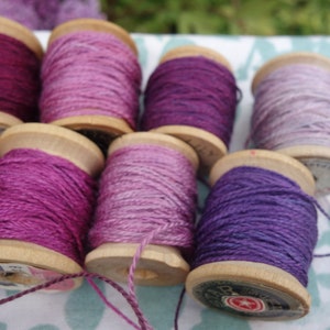 Silk Embroidery Thread Purple Pink and Lavender Natural Dye on 11 Vintage Wood Spools Dyed with Cochineal and Indigo 10 Yards Each Spool image 9