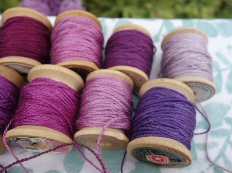 Silk Embroidery Thread Purple Pink and Lavender Natural Dye on 11 Vintage Wood Spools Dyed with Cochineal and Indigo 10 Yards Each Spool image 9