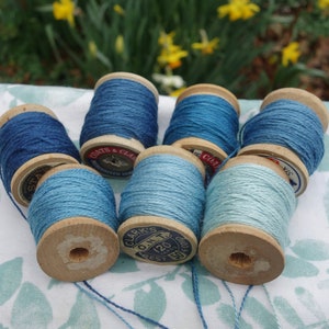 Silk Embroidery Thread Natural Dye on 7 Vintage Wooden Spools Shades of Light Medium and Dark Blue Dyed with Natural Indigo 20 Yards Each image 3