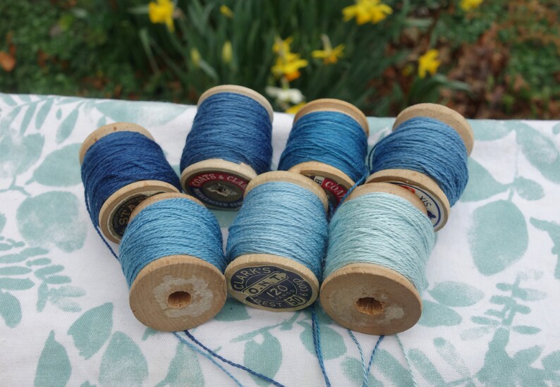 Silk Embroidery Thread Natural Dye on 7 Vintage Wooden Spools Shades of Light Medium and Dark Blue Dyed with Natural Indigo 20 Yards Each image 3