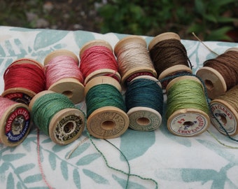 Green Red and Brown Silk Embroidery Thread on 12 Vintage Wood Spools Naturally Dyed with Walnuts Marigolds Madder and Indigo 10 Yards Each