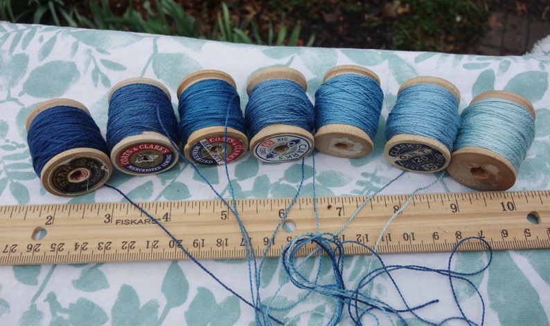 Silk Embroidery Thread Natural Dye on 7 Vintage Wooden Spools Shades of Light Medium and Dark Blue Dyed with Natural Indigo 20 Yards Each image 9