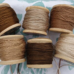 Silk Embroidery Threads Naturally Dyed on 6 Vintage Wooden Spools Dark Medium and Pale Brown Shades Dyed with Walnut Hulls 20 Yards Each image 10