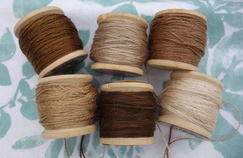 Silk Embroidery Threads Naturally Dyed on 6 Vintage Wooden Spools Dark Medium and Pale Brown Shades Dyed with Walnut Hulls 20 Yards Each image 10