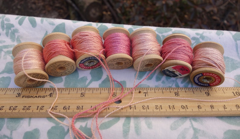 Silk EmbroideryThread on 7 Vintage Wooden Spools Light Shades of Pink Naturally Dyed with Madder Roots and Cochineal 10 Yards Each Spool image 2