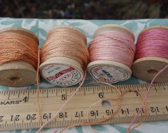 Silk Embroidery Thread Natural Plant Dyes on 4 Vintage Wooden Spools Pink and Orange Dyed with Coreopsis and Madder 10 Yards Each Spool