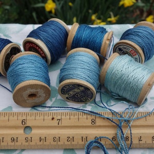 Silk Embroidery Thread Natural Dye on 7 Vintage Wooden Spools Shades of Light Medium and Dark Blue Dyed with Natural Indigo 20 Yards Each image 10