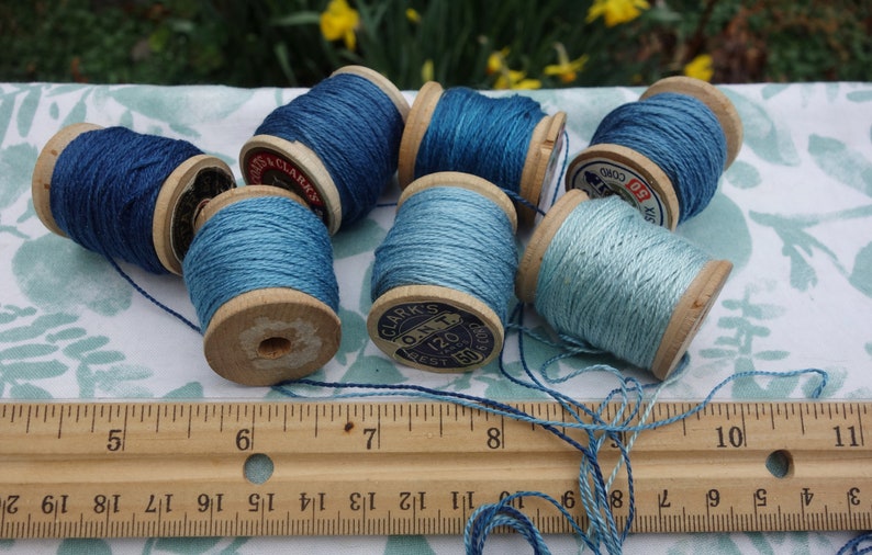 Silk Embroidery Thread Natural Dye on 7 Vintage Wooden Spools Shades of Light Medium and Dark Blue Dyed with Natural Indigo 20 Yards Each image 10