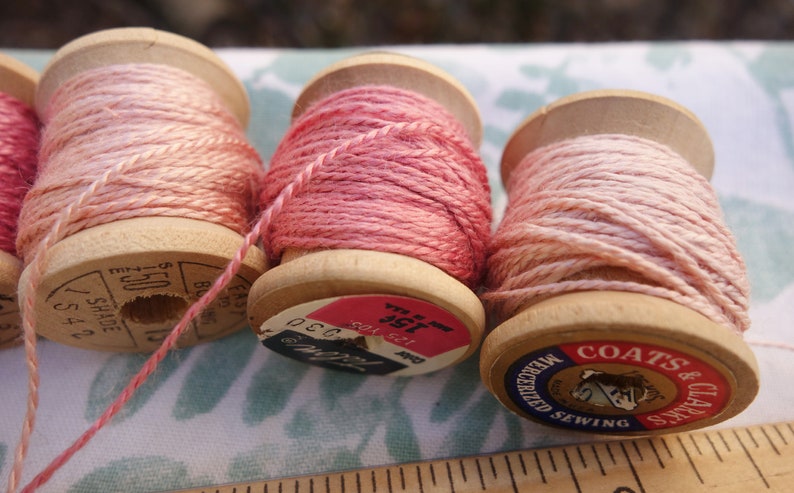 Silk EmbroideryThread on 7 Vintage Wooden Spools Light Shades of Pink Naturally Dyed with Madder Roots and Cochineal 10 Yards Each Spool image 8