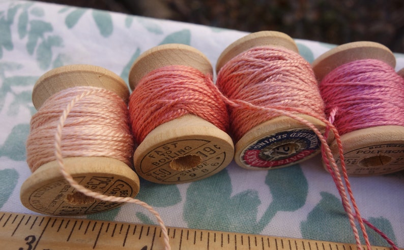 Silk EmbroideryThread on 7 Vintage Wooden Spools Light Shades of Pink Naturally Dyed with Madder Roots and Cochineal 10 Yards Each Spool image 6