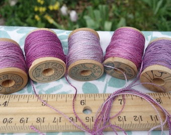 Silk Embroidery Thread Pale Violet Pink and Lavender Natural Dye on 5 Vintage Wood Spools Dyed with Cochineal and Indigo 10 Yards Each Spool