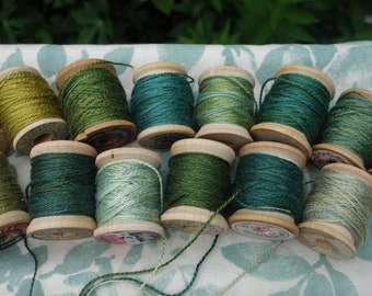 Green Silk Embroidery Thread Natural Dyes on 14 Vintage Wooden Spools Green Silk Thread Indigo and Marigold Dye 10 Yards Each Spool