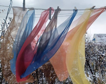 Organza Silk Fabric 7 Pieces Natural Plant Dyes Blue Yellow Orange Brown Dyed with Indigo Walnut and Madder Dye 14"x 24" to 16"x 36" Destash