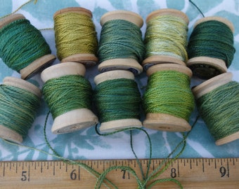 Green Silk Embroidery Threads Naturally Dyed on 10 Vintage Wooden Spools Green Silk Plant Dyed with Indigo and Flowers 10 Yards Each