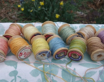 Silk Embroidery Thread on 12 Vintage Wooden Spools Pastel Shades Naturally Dyed with Madder Indigo Walnuts Marigolds 10 Yards Each Spool