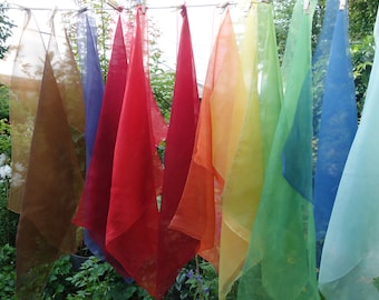 Organza Silk Fabric 12 Pieces Naturally Dyed Silk in Shades of Blue Green Yellow Orange Red Brown Assorted Plant Dyes 14"x 32" to 20"x 24"