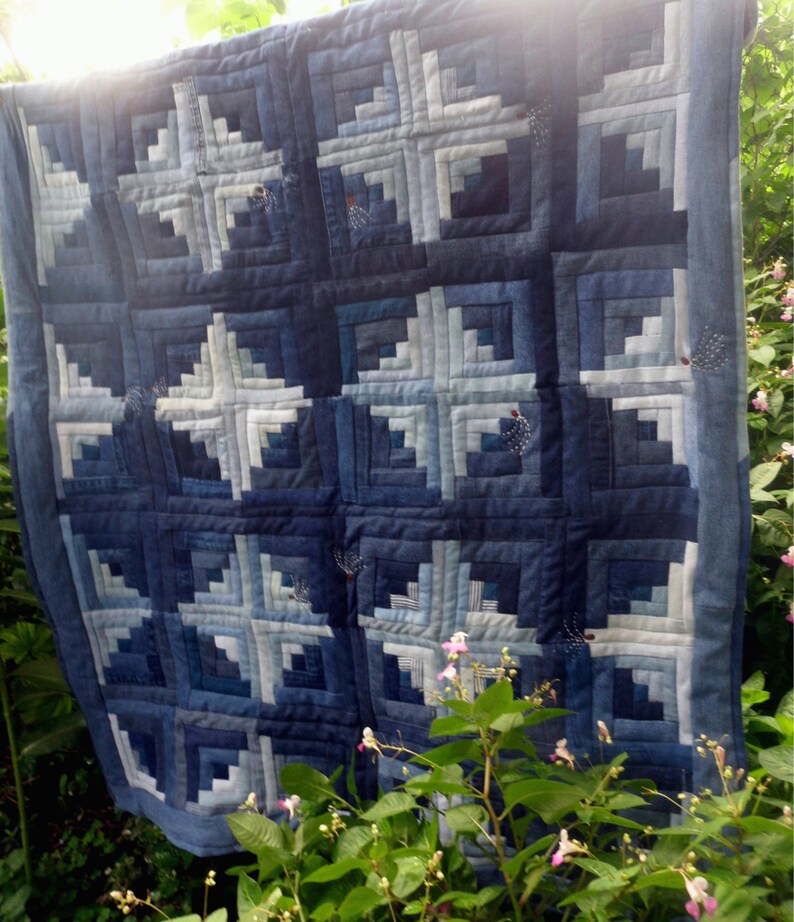 Blue Jean Quilt Log Cabin Circles Upcycled Denim Blue and Etsy