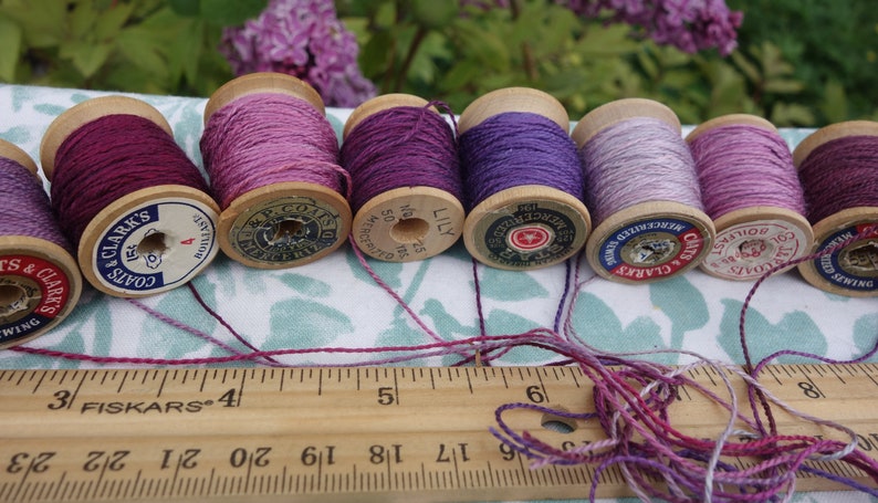 Silk Embroidery Thread Purple Pink and Lavender Natural Dye on 11 Vintage Wood Spools Dyed with Cochineal and Indigo 10 Yards Each Spool image 5