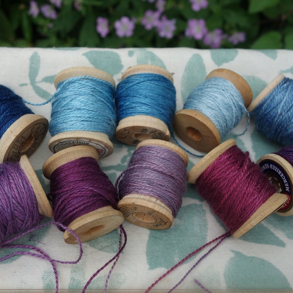 Silk Embroidery Thread Purple and Blue Natural Dye on Vintage Wood Spools Set of 10 Dyed with Cochineal and Indigo 10 Yards Each Spool