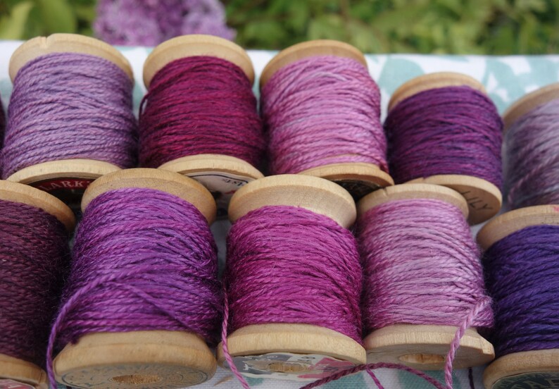 Silk Embroidery Thread Purple Pink and Lavender Natural Dye on 11 Vintage Wood Spools Dyed with Cochineal and Indigo 10 Yards Each Spool image 8