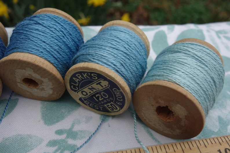 Silk Embroidery Thread Natural Dye on 7 Vintage Wooden Spools Shades of Light Medium and Dark Blue Dyed with Natural Indigo 20 Yards Each image 7