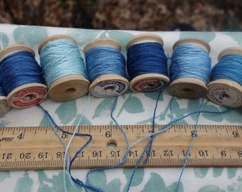 Indigo Blue Silk Embroidery Thread on 8 Vintage Wood Spools Naturally Dyed with Indigo 10 Yards Each Spool