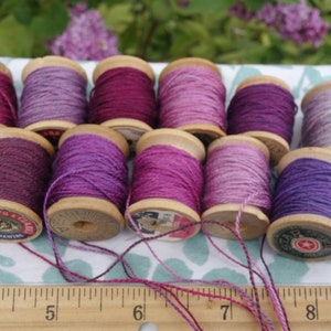 Silk Embroidery Thread Purple Pink and Lavender Natural Dye on 11 Vintage Wood Spools Dyed with Cochineal and Indigo 10 Yards Each Spool image 1