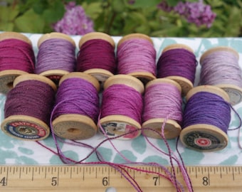 Silk Embroidery Thread Purple Pink and Lavender Natural Dye on 11 Vintage Wood Spools Dyed with Cochineal and Indigo 10 Yards Each Spool