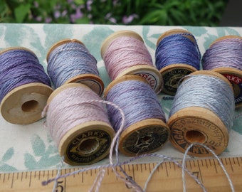 Silk EmbroideryThread on 8 Vintage Wooden Spools Light Shades of Purple Silvery Gray Lavender and Pink Naturally Dyed 10 Yards Each Spool