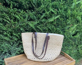 Sac fourre-tout en raphia fait main : sac de plage oversize en paille avec lanières en cuir