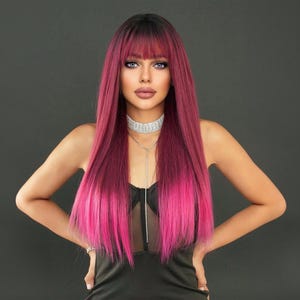 Rose Red Wig, Long Wig, Red Long Wig, Ombre Wig, Wig, Wigs, Daily Wig, Wig With Bangs, Costume Wig, Cosplay Wig, Synthetic Wig