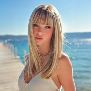 May include: A person with long blonde hair with a fringe, and a light-coloured top. The background shows a pier, the ocean, and a blue sky. The person is looking directly at the camera.