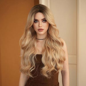 Highlight Brown Wig, Mixed Blonde Wig, Blonde Wig, Long Curly Wig, Wavy Wig, Cosplay Wig, Party Wig, Synthetic Wig, Wig