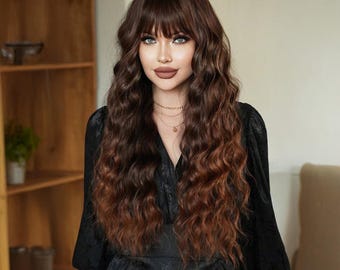 May include: A long, wavy brown wig with a fringe. The wig is styled in loose waves and has a natural-looking brown colour.