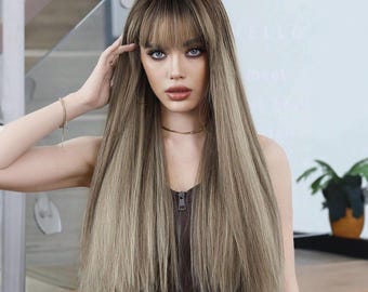 Flachs Braun Perücke, Braune Perücke, Lange Perücke, Perücken mit Pony, Tägliche Perücke, Perücken, Lange Gerade Perücke, Cosplay Perücke, Kostümperücke, Synthetische Perücke