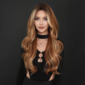 Brown Wig, Mixed Blonde Highlight Wig, Long Wig, Wavy Wig, Long Wavy Wig, Wig, Wigs, Cosplay Wig, Daily Wig, Synthetic Wig