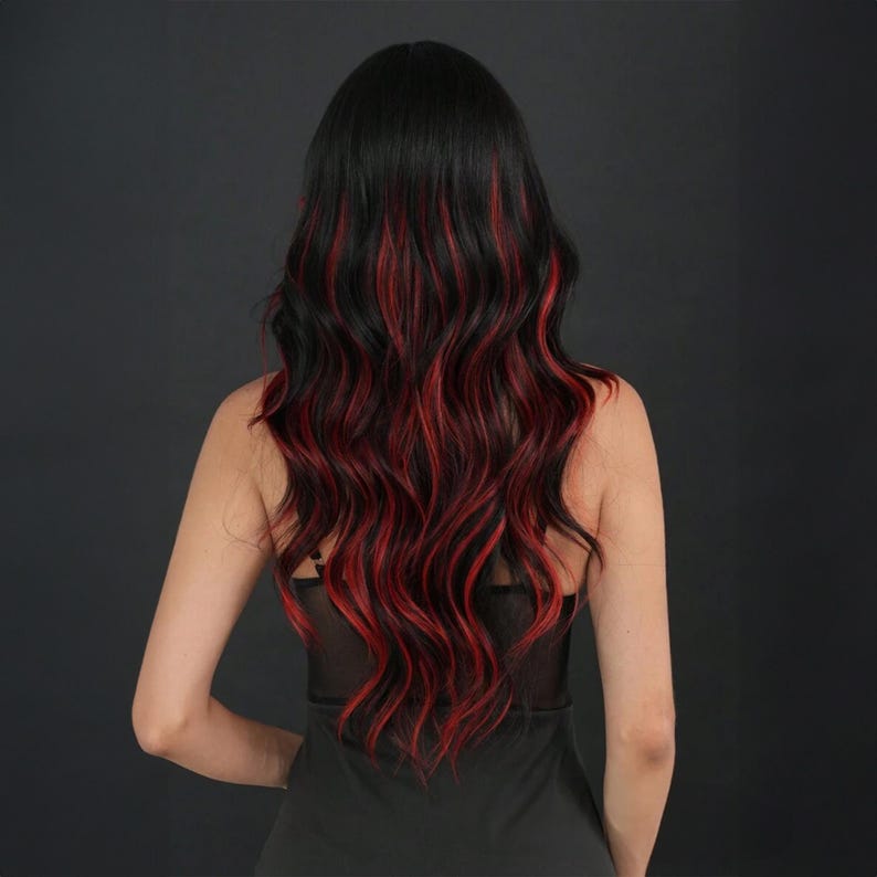Black & Red Long Wavy Wig, Red Wig, Black Wig, Long Wavy Wig, Wig, Wigs, Cosplay Wig, Party Wig, Synthetic Wig image 4