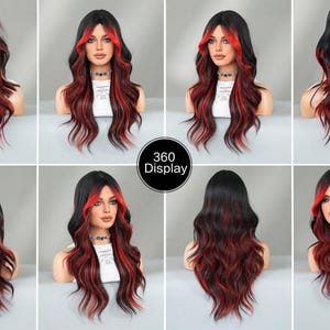 May include: A long, wavy wig with black and red streaks. The wig is styled with a side parting and has a natural-looking finish. 360 Display.