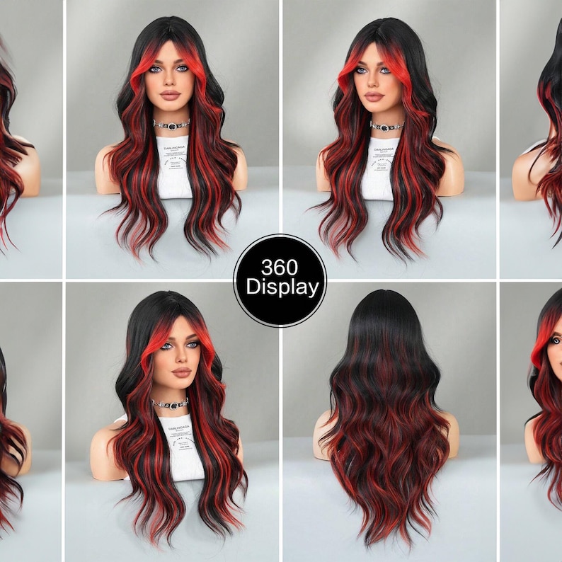 May include: A long, wavy wig with black and red streaks. The wig is styled with a side parting and has a natural-looking finish. 360 Display.
