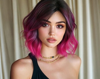 May include: A woman with dark brown hair that fades into vibrant pink at the ends. She is wearing a black top and a gold necklace. The background is a neutral color.