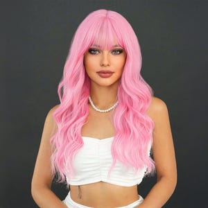 Long Pink Wig, Pink Wig, Long Wig, Ombre Wig, Long Wavy Pink Wig, Wig With Bangs, Curly Wig, Long Wavy Wig, Cosplay Wig, Daily Wig