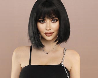 Black Wig, Short Black Wig, Short Wig, Short Bob Wig, Wig With Bangs, Costume Wig, Cosplay Wig, Synthetic Wig