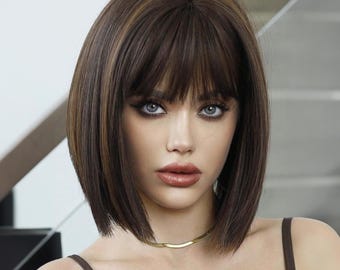 Dark Brown Wig, Brown Wig, Brown Bob Wig, Short Wig, Short Bob Wig, Wig With Bangs,  Costume Wig, Cosplay Wig, Synthetic Wig