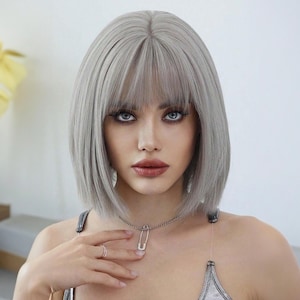 Grey Bob Wig, Grey Wig, Short Wig, Short Bob Wig, Wig With Bangs, Costume Wig, Cosplay Wig, Synthetic Wig