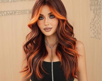 Flame Orange Highlight Wigs, Orange Wig, Long Wavy Wig, Long Wig, Wigs, Cosplay Wig, Party Wig, Synthetic Wig
