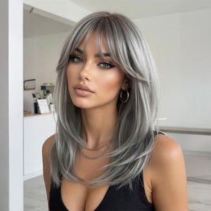 Rechte grijze pruik met pony, natuurlijke asgrijze synthetische pruiken, hittebestendige vezelhaarpruik voor dagelijks gebruik, pruik, pruiken