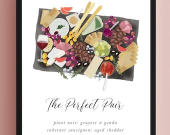 Puede incluir: Un póster imprimible con un gráfico de una tabla de charcutería con varios quesos, carnes, aceitunas, galletas y pan. El póster también incluye texto que dice "The Perfect Pair" y enumera diferentes maridajes de vino para cada tipo de queso.
