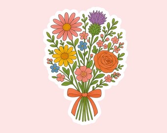 May include: A sticker featuring a bouquet of flowers in a retro style. The bouquet includes a variety of blooms in shades of pink, yellow, orange, blue, and purple, tied with an orange ribbon. The sticker has a white border and is set against a pink background.