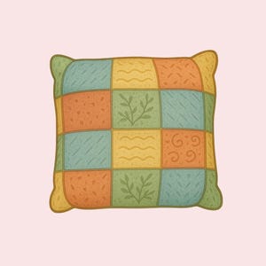 May include: Square decorative pillow with a patchwork design. The pillow features a grid of colorful squares in shades of orange, blue, yellow, and green. Some squares have textured patterns and leaf motifs. The pillow has a light pink background.